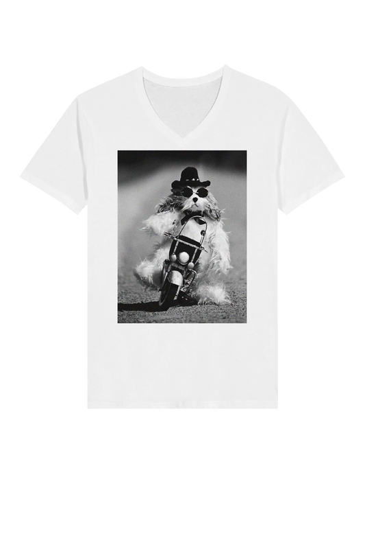 Dog on Motorcycle V-Neck T-Shirt by Uliana Blacklock